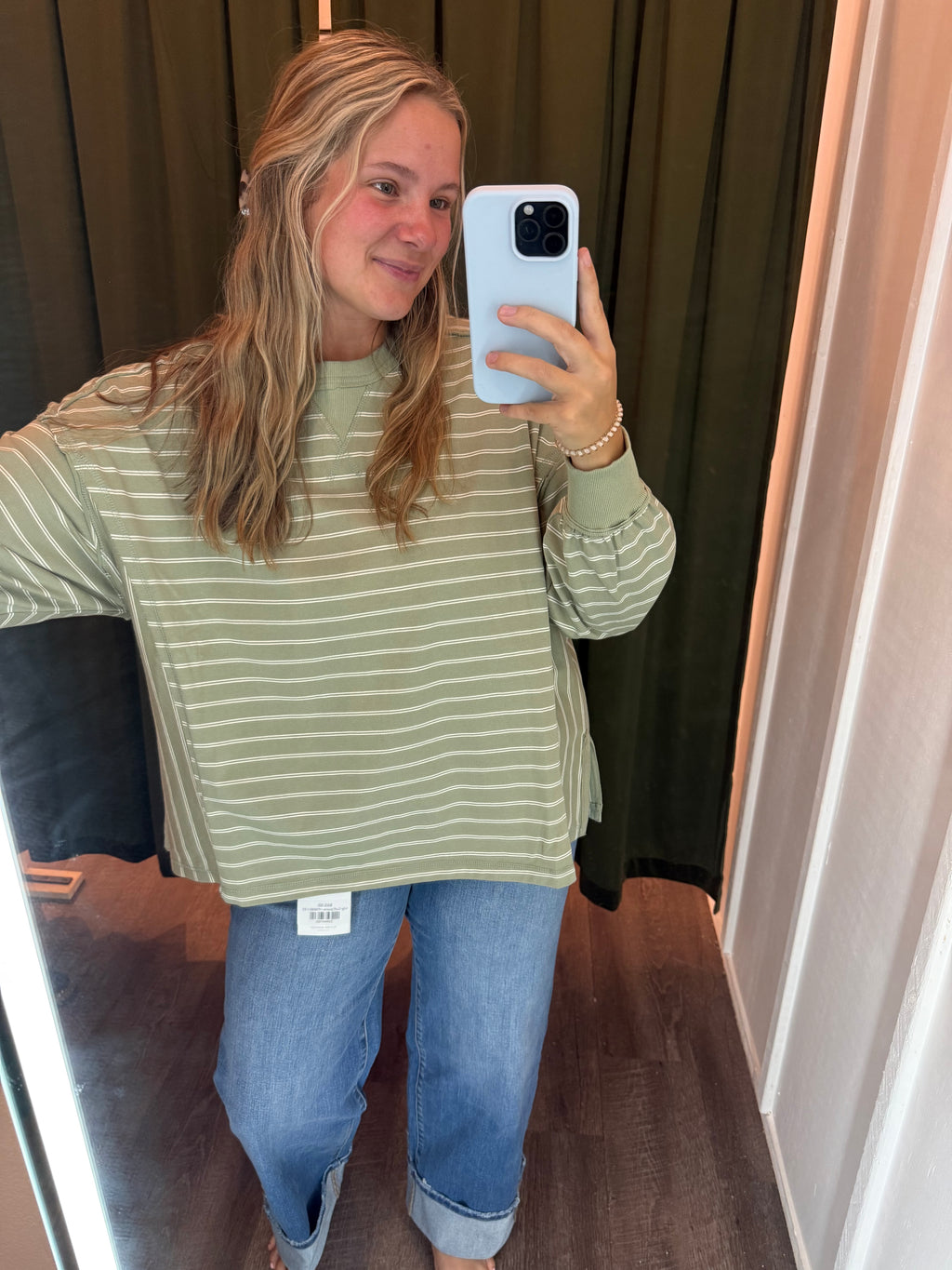 STRIPED LONG SLEEVE PULLOVER white & olive