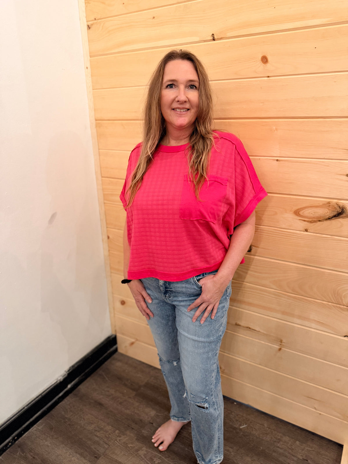TEXTURED KNIT CASUAL TOP PINK