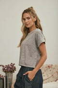 WASHED SHORT SLEEVE BOXY KNIT TOP : GREY