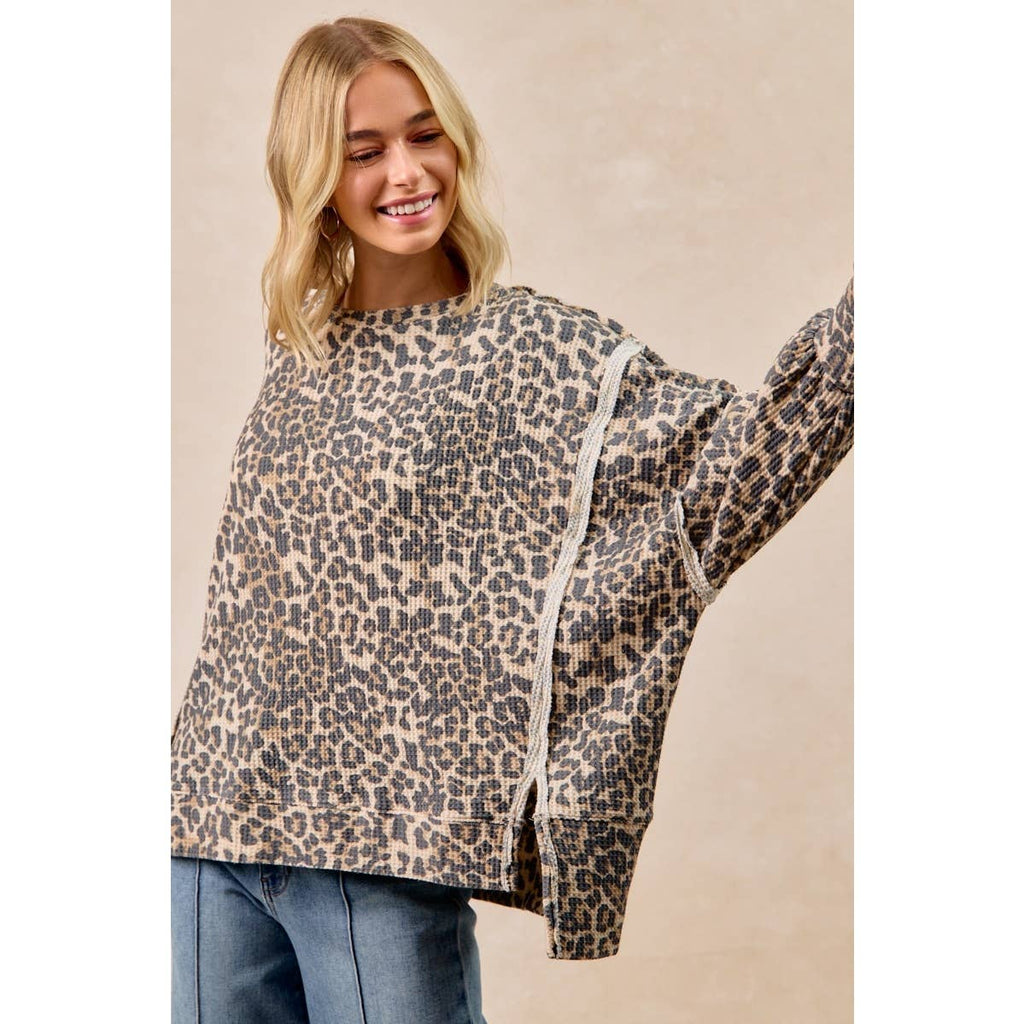 LEOPARD OVERSIZED WAFFLE SWEATSHIRT