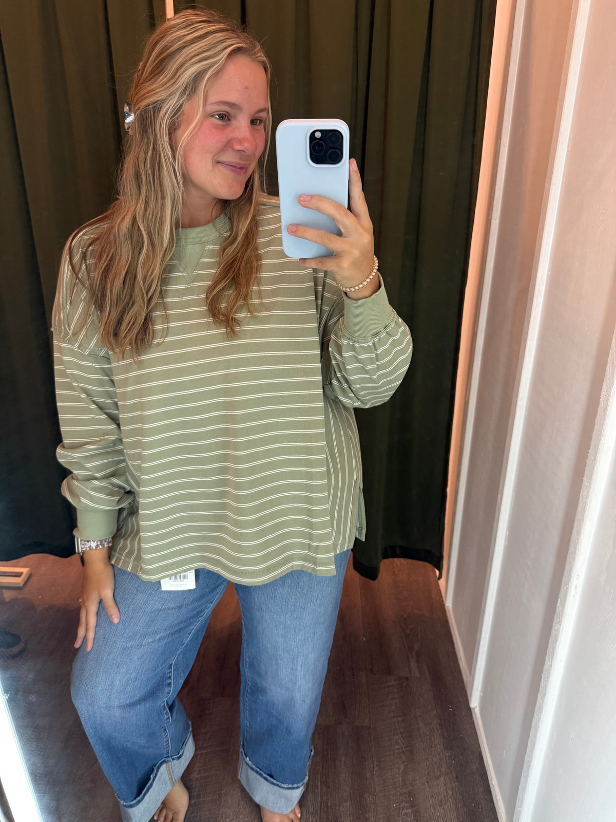 STRIPED LONG SLEEVE PULLOVER white & olive