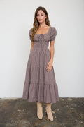 PLAID PUFF SLEEVE TIERED MIDI DRESS : MOCHA