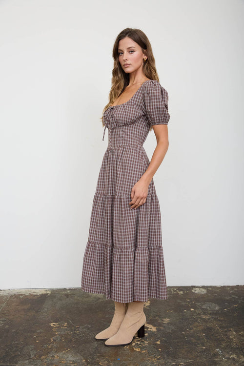 PLAID PUFF SLEEVE TIERED MIDI DRESS : MOCHA